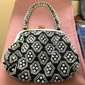 Vintage black purse with white beads